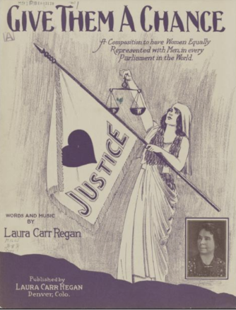 Sheet music cover: a woman holds a balanced scale and a flag with a heart and the word "justice" on it